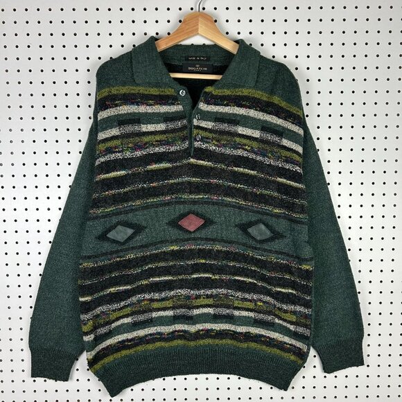 Bugatchi Collared Knit Sweater Large Button Green Colorful Hip 90s COOGI STYLE - Picture 1 of 7